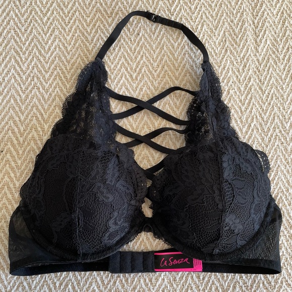 La Senza Black Lace Criss Cross Halter Adjustable Bra Size 34C - Padded Push-up - Picture 1 of 5